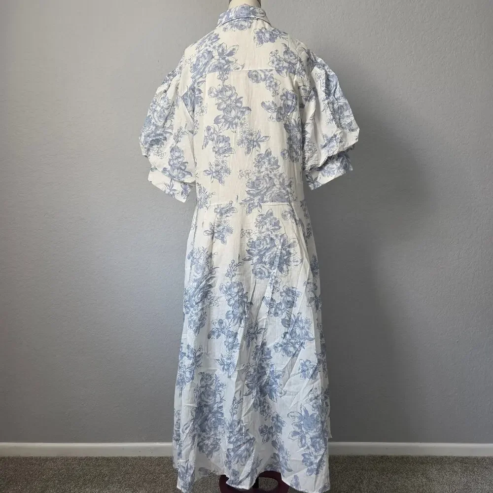 NWOT Romantic Blue Floral Linen-Cotton Midi Shirt Dress - Breezy & Chic - Picture 4 of 6